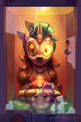 Size: 2000x3000 | Tagged: safe, artist:jedayskayvoker, oc, oc only, oc:madame fortuna, pony, robot, robot pony, unicorn, broken glass, commission, duo, female, fortune teller, glowing eyes, high res, mechanical, reflection, smiling