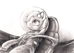 Size: 1600x1143 | Tagged: safe, artist:darkdoomer, star dancer, pony, star dancer appreciation collab, monochrome, solo, spacesuit, time travel, traditional art