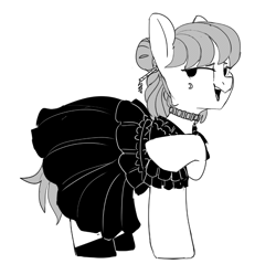 Size: 958x915 | Tagged: safe, artist:tallaferroxiv, oc, oc only, pony, choker, clothes, dress, female, grayscale, hoof shoes, looking back, mare, monochrome, open mouth, raised hoof, raised leg, simple background, solo, white background