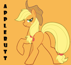 Size: 647x591 | Tagged: safe, artist:illuminatiums, artist:twilyisbestpone, derpibooru exclusive, derpibooru import, edit, applejack, earth pony, pony, applebutt, applejack's hat, butt, clothes, cowboy hat, female, hat, lidded eyes, looking back, mare, one hoof raised, orange background, plot, presenting, raised hoof, raised leg, sexy, simple background, solo, stupid sexy applejack, vector, vector edit