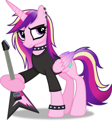 Size: 4269x4603 | Tagged: safe, artist:anime-equestria, derpibooru import, princess cadance, alicorn, alternate hairstyle, annoyed, collar, ear piercing, eyeshadow, female, guitar, horn, makeup, mare, musical instrument, piercing, punk, simple background, solo, spiked collar, spiked wristband, transparent background, vector, wings, wristband