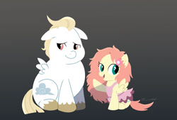 Size: 1280x864 | Tagged: safe, artist:heavysplatter, derpibooru import, oc, oc only, oc:lofty leap, oc:nimbus bellows, pegasus, pony, brother and sister, clothes, colt, cute, daaaaaaaaaaaw, duo, female, filly, gradient background, male, offspring, parent:bulk biceps, parent:fluttershy, parents:flutterbulk, siblings, tutu