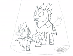 Size: 2190x1695 | Tagged: safe, artist:writepillar, derpibooru import, spike, thorax, changeling, dragon, the times they are a changeling, duo, duo male, male, monochrome, spotlight, wingless spike