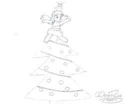Size: 820x683 | Tagged: safe, artist:writepillar, derpibooru import, derpy hooves, pegasus, pony, a hearth's warming tail, christmas, christmas tree, cute, derpabetes, female, holiday, mare, monochrome, solo, tree