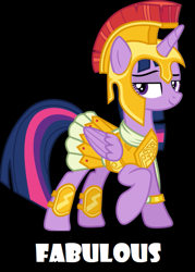 Size: 503x703 | Tagged: safe, artist:gamemasterluna, artist:twilyisbestpone, derpibooru exclusive, derpibooru import, edit, twilight sparkle, twilight sparkle (alicorn), alicorn, pony, armor, armor skirt, athena sparkle, beautiful, black background, clothes, costume, cute, fabulous, female, lidded eyes, mare, nightmare night costume, one hoof raised, raised hoof, raised leg, sexy, simple background, skirt, solo, stupid sexy twilight, twiabetes, vector, vector edit