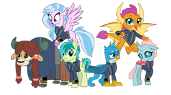 Size: 5360x3008 | Tagged: safe, artist:cheezedoodle96, artist:crystalmagic6, artist:dashiesparkle, artist:ponygamer2020, derpibooru import, gallus, ocellus, sandbar, silverstream, smolder, yona, changedling, changeling, classical hippogriff, dragon, earth pony, griffon, hippogriff, pony, yak, fallout equestria, school daze, absurd resolution, claws, clothes, cloven hooves, crossed legs, cute, cuteling, diaocelles, diastreamies, dragon wings, dragoness, fallout, female, flying, gallabetes, group, happy, jewelry, jumpsuit, looking at you, male, necklace, open mouth, pipboy, raised eyebrow, sandabetes, shy, simple background, smiling, smiling at you, smolderbetes, solo, spread wings, student six, teenaged dragon, teenager, teeth, transparent background, vault suit, vector, wings, yonadorable