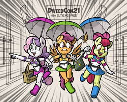 Size: 1500x1213 | Tagged: safe, artist:toonbat, derpibooru import, apple bloom, scootaloo, sweetie belle, anthro, earth pony, pegasus, unicorn, clothes, convention, cosplay, costume, cutie mark crusaders, older, older apple bloom, older cmc, older scootaloo, older sweetie belle, parachute, patreon, patreon reward, sailor moon, skydiving