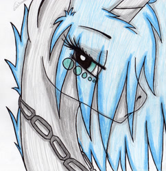 Size: 2382x2464 | Tagged: safe, artist:beamybutt, derpibooru import, oc, oc only, oc:moonbeam, pony, unicorn, bedroom eyes, bust, chains, eye clipping through hair, eyelashes, high res, horn, simple background, solo, traditional art, unicorn oc, white background