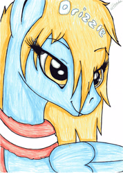 Size: 2482x3491 | Tagged: safe, artist:beamybutt, derpibooru import, oc, oc only, pegasus, pony, bust, clothes, eyelashes, female, high res, mare, pegasus oc, scarf, simple background, smiling, solo, traditional art, white background, wings