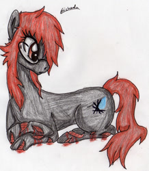 Size: 1745x2004 | Tagged: safe, artist:beamybutt, derpibooru import, oc, oc only, earth pony, pony, earth pony oc, eyelashes, female, looking back, lying down, mare, prone, signature, simple background, solo, traditional art, white background