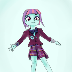 Size: 1200x1200 | Tagged: safe, artist:kul, derpibooru import, sunny flare, equestria girls, clothes, crystal prep academy uniform, looking at you, school uniform, simple background, smiling, smiling at you