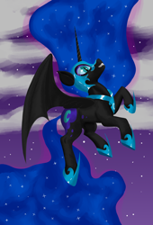 Size: 3750x5500 | Tagged: safe, artist:iron curtain, derpibooru import, nightmare moon, alicorn, pony, absurd resolution, cloud, female, long hair, long tail, mare, night, raised hoof, raised leg, solo, spread wings, stars, wings