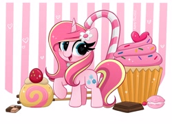 Size: 4096x2952 | Tagged: safe, artist:kittyrosie, derpibooru import, oc, oc:rosa flame, unicorn, candy, candy cane, chocolate, cupcake, desert, flower, flower in hair, food, horn, macaron, one hoof raised, open mouth, raised hoof, raised leg, solo, unicorn oc