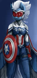 Size: 1080x2250 | Tagged: safe, artist:raphaeldavid, derpibooru import, night glider, anthro, pegasus, captain america, clothes, female, goggles, mare, shield, solo, suit