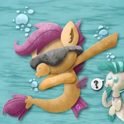 Size: 2048x2048 | Tagged: safe, artist:catscratchpaper, derpibooru import, scootaloo, terramar, seapony (g4), dab, duo, female, high res, male, question mark, seaponified, seapony scootaloo, species swap, sunglasses, underwater