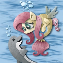 Size: 2048x2048 | Tagged: safe, artist:catscratchpaper, derpibooru import, fluttershy, dolphin, seapony (g4), female, high res, not finn tastic, seaponified, seapony fluttershy, solo, species swap, underwater