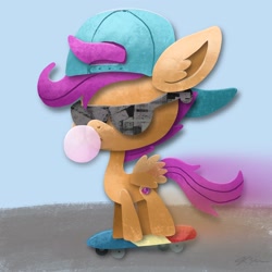 Size: 2048x2048 | Tagged: safe, artist:catscratchpaper, derpibooru import, scootaloo, pegasus, pony, backwards ballcap, baseball cap, bubblegum, cap, female, filly, food, gum, hat, high res, skateboard, solo, sunglasses