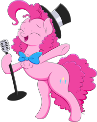 Size: 1622x2048 | Tagged: safe, artist:wownamesarehard, derpibooru exclusive, derpibooru import, pinkie pie, earth pony, pony, pinkie pride, bipedal, bowtie, chest fluff, eyes closed, hat, microphone, open mouth, open smile, raised hoof, raised leg, simple background, smiling, solo, top hat, transparent background