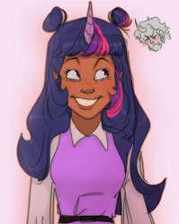 Size: 1127x1414 | Tagged: safe, artist:gloomy-doom, derpibooru import, king sombra, twilight sparkle, human, blushing, bust, clothes, dark skin, female, hair bun, horn, horned humanization, humanized, looking up, male, shipping, simple background, space buns, straight, twibra