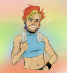 Size: 1167x1266 | Tagged: safe, artist:gloomy-doom, derpibooru import, rainbow dash, human, belly button, bra, clothes, crop top bra, ear piercing, female, grin, humanized, midriff, muscles, muscular female, piercing, simple background, smiling, solo, tomboy, towel, underwear, wristband