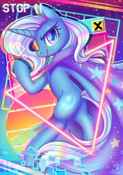 Size: 2480x3508 | Tagged: safe, artist:musicfirewind, derpibooru import, trixie, pony, unicorn, cape, clothes, high res, pause, retrowave, solo, trixie's cape, vhs