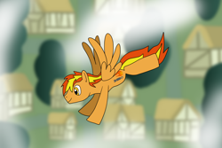 Size: 1280x854 | Tagged: safe, artist:platinumdrop, derpibooru import, oc, oc only, oc:firey ratchet, flying, ponyville, request, solo