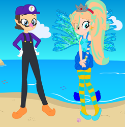 Size: 1919x1948 | Tagged: safe, artist:firefall-mlp, artist:user15432, artist:yaya54320bases, derpibooru import, fish, human, equestria girls, alternate hairstyle, barely eqg related, base used, beach, blue wings, blushing, clothes, crossover, crown, ear piercing, earring, equestria girls style, equestria girls-ified, fairy, fairy wings, fairyized, fins, gloves, hands on hip, jewelry, long hair, ocean, overalls, piercing, ponytail, princess rosalina, regalia, rosalina, sand, seashell, shirt, shoes, sirenix, sparkly wings, super mario bros., undershirt, waluigi, waluigi's hat, water, wings, winx, winx club, winxified
