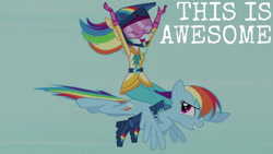 Size: 1280x720 | Tagged: safe, derpibooru import, edit, edited screencap, editor:quoterific, screencap, rainbow dash, pegasus, pony, equestria girls, friendship games, arms in the air, boots, cute, dashabetes, eyes closed, female, friendship games bloopers, helmet, mare, open mouth, self ponidox, shoes, smiling
