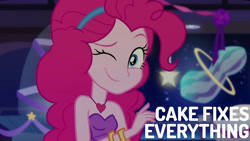 Size: 1280x720 | Tagged: safe, derpibooru import, edit, edited screencap, editor:quoterific, screencap, pinkie pie, equestria girls, equestria girls series, twilight under the stars, spoiler:eqg series (season 2), bare shoulders, bracelet, clothes, cute, diapinkes, dress, female, jewelry, looking at you, necklace, one eye closed, sleeveless, smiling, solo, strapless, wink, winking at you