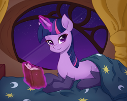 Size: 1920x1520 | Tagged: safe, artist:nathayro37, derpibooru import, twilight sparkle, unicorn twilight, pony, unicorn, bed, bedroom eyes, book, clothes, cute, female, glowing horn, golden oaks library, horn, levitation, looking at you, lying down, magic, mare, on bed, prone, redraw, socks, stockings, telekinesis, thigh highs, twiabetes