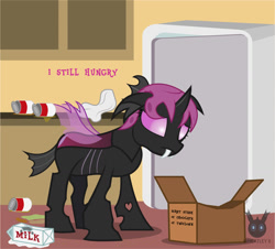 Size: 1314x1189 | Tagged: safe, artist:wheatley r.h., derpibooru exclusive, derpibooru import, oc, oc only, oc:lara, changeling, comic:still hungry, can, changeling oc, female, hungry, kitchen, mare, milk, pink changeling, refrigerator, sad, single panel, solo, vector, watermark