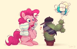 Size: 957x609 | Tagged: safe, artist:imalou, derpibooru import, pinkie pie, earth pony, pony, balloon, blushing, cactus, cute, diapinkes, glasses, hat, heart, pillow