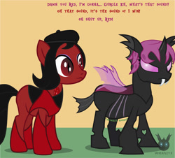 Size: 1314x1189 | Tagged: safe, artist:wheatley r.h., derpibooru exclusive, derpibooru import, oc, oc only, oc:lara, oc:red widow, changeling, earth pony, pony, comic:still hungry, angry, changeling oc, chunkling, descriptive noise, duo, duo female, female, mare, pink changeling, plump, single panel, slit eyes, stomach noise, vector, vulgar, watermark, weight gain