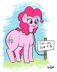 Size: 1492x1878 | Tagged: safe, artist:datzigga, derpibooru import, pinkie pie, earth pony, pony, :p, balloonbutt, butt, cute, diapinkes, large butt, sign, tether, thick, tongue, tongue out, vulgar
