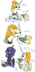 Size: 825x1662 | Tagged: safe, artist:jargon scott, derpibooru import, oc, oc only, oc:dyx, oc:dyxkrieg, oc:nyx, alicorn, pony, alicorn oc, bathrobe, book, cigarette, clothes, comic, dialogue, dishes, escii keyboard, female, filly, glasses, horn, magical lesbian spawn, mare, mother and child, mother and daughter, offspring, older, older dyx, older nyx, parent and child, parent:oc:dyx, parent:oc:luftkrieg, parents:oc x oc, robe, simple background, sink, smoking, sponge, typewriter, washing, white background, wings
