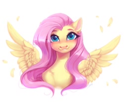 Size: 1024x838 | Tagged: safe, artist:spark_rarestar, derpibooru import, fluttershy, pegasus, pony, :3, blushing, bust, chest fluff, cute, daaaaaaaaaaaw, feather, female, grin, lip bite, looking at you, mare, portrait, shyabetes, simple background, smiling, solo, spread wings, white background, wings