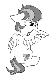 Size: 585x865 | Tagged: safe, artist:tallaferroxiv, oc, oc only, oc:starry skies hailstorm, pegasus, pony, ears, female, floppy ears, freckles, grayscale, grooming, mare, monochrome, one eye closed, pegasus oc, preening, sitting, solo, wings
