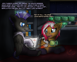 Size: 2223x1799 | Tagged: safe, artist:askavrobishop, derpibooru import, oc, oc:autumn breeze, oc:whirlwind sprint, pegasus, arrow flight suit, computer, goggles, laptop computer, night, radar, servers, wings