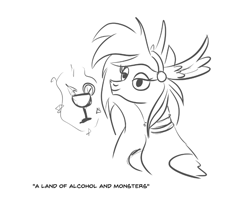 Size: 850x670 | Tagged: safe, artist:velgarn, derpibooru import, oc, oc:athena (shawn keller), pegasus, pony, alcohol, athena, drink, female, guardian of the three kingdoms, guardians of pondonia, magic, magic aura, mare, margarita, monochrome, simple background, sketch, solo, white background