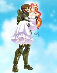 Size: 1280x1657 | Tagged: safe, artist:shinta-girl, derpibooru import, sunset shimmer, oc, human, equestria girls, bare shoulders, bridal carry, canon x oc, carrying, couple, female, halo, halo armor, humanized, male, sleeveless, straight, strapless