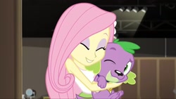 Size: 1150x647 | Tagged: safe, derpibooru import, edit, edited screencap, screencap, fluttershy, spike, spike the regular dog, dog, equestria girls, movie magic, spoiler:eqg specials, clothes, cropped, cute, eyeshadow, hug, huggable, lucky bastard, makeup, shyabetes, sleeveless, tanktop