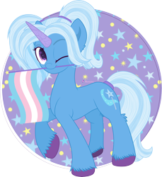 Size: 7969x8716 | Tagged: safe, artist:illumnious, derpibooru import, trixie, pony, unicorn, alternate hairstyle, female, mare, mouth hold, one eye closed, pigtails, pride, pride flag, raised hoof, raised leg, simple background, solo, trans female, trans trixie, transgender, transgender pride flag, transparent background, twintails, unshorn fetlocks, wink