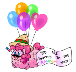 Size: 1129x1070 | Tagged: safe, artist:paperbagpony, derpibooru import, pinkie pie, pony, balloon, banner, colored pupils, cute, diapinkes, excessive fluff, fake moustache, female, floating, fluffy, happy, mare, noisemaker, party horn, pinkie being pinkie, sombrero, then watch her balloons lift her up to the sky