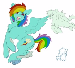 Size: 2500x2260 | Tagged: safe, artist:blkinibottom, derpibooru import, rainbow dash, pegasus, pony, bangs, blushing, chest fluff, chibi, colored, eye clipping through hair, eyebrows, eyebrows visible through hair, female, fetlock tuft, flying, hair over one eye, monochrome, open mouth, simple background, solo, spread wings, tongue, tongue out, white background, wings