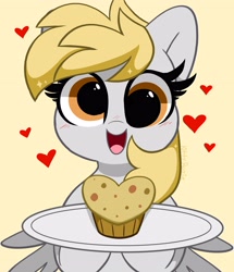 Size: 3327x3862 | Tagged: safe, artist:kittyrosie, derpibooru import, derpy hooves, pegasus, pony, blushing, cute, derpabetes, digital art, female, food, heart, looking at you, mare, muffin, open mouth, open smile, redraw, smiling, solo, weapons-grade cute