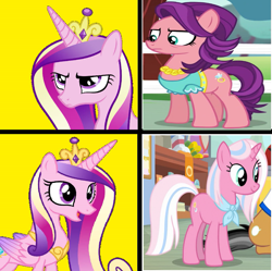 Size: 895x893 | Tagged: safe, derpibooru import, clear sky, princess cadance, spoiled rich, alicorn, earth pony, pony, unicorn, angry, clothes, female, mare, meme, open mouth, open smile, smiling