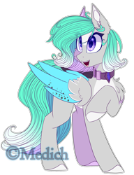 Size: 1778x2313 | Tagged: safe, artist:mediasmile666, derpibooru import, oc, oc only, pegasus, pony, collar, colored hooves, female, folded wings, mare, open mouth, pale belly, raised hoof, raised leg, simple background, smiling, solo, standing, transparent background, two toned wings, wings