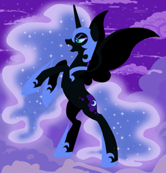 Size: 2401x2497 | Tagged: safe, artist:hellishnya, derpibooru import, nightmare moon, alicorn, pony, armor, cloud, ethereal mane, fangs, female, mare, night, open mouth, rearing, sky, solo, starry mane