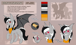 Size: 5000x2967 | Tagged: source needed, safe, artist:lonerdemiurge_nail, derpibooru import, oc, oc only, oc:stormdancer, bat pony, pony, undead, vampire, vampony, absurd resolution, bandana, bat pony oc, bat wings, cheek fluff, colored pupils, dark form tier 2, ear fluff, ears, eye clipping through hair, eyebrows visible through hair, fangs, forked tongue, glowing eyes, gothic, grin, licking, licking lips, looking at you, male, neckerchief, one hoof raised, raised hoof, raised leg, reference sheet, smiling, smirk, solo, spread wings, stallion, tongue, tongue out, wing ring, wings