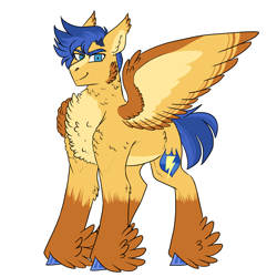 Size: 3000x3000 | Tagged: safe, artist:gingygin, derpibooru import, flash sentry, pony, alternate design, blaze (coat marking), chest fluff, coat markings, colored wings, feathered fetlocks, looking at you, multicolored wings, pale belly, simple background, solo, white background, wings